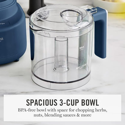 Martha Stewart 3 Cup Electric Vegetable Chopper, Mini Food Processor, Navy | 24oz BPA-Free Bowl, Stainless Steel Blades, Pour Spout, Dice, Puree, Mince, Chop Vegetables & Herbs, Dishwasher-Safe Parts