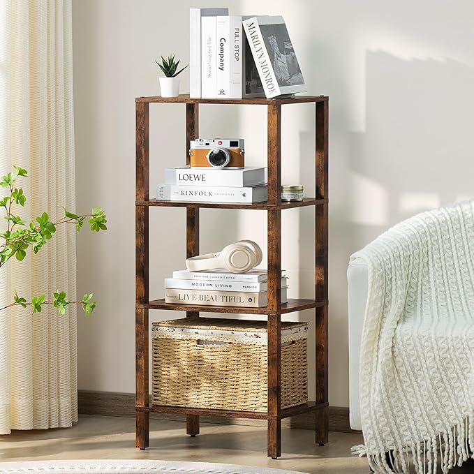 4 Tier Tall Wooden Bookshelf with Storage, Narrow Bookcase for Small Space, Small Book Shelf for Living Room, Office, Bedroom, Kitchen, Industrial, Rustic Brown