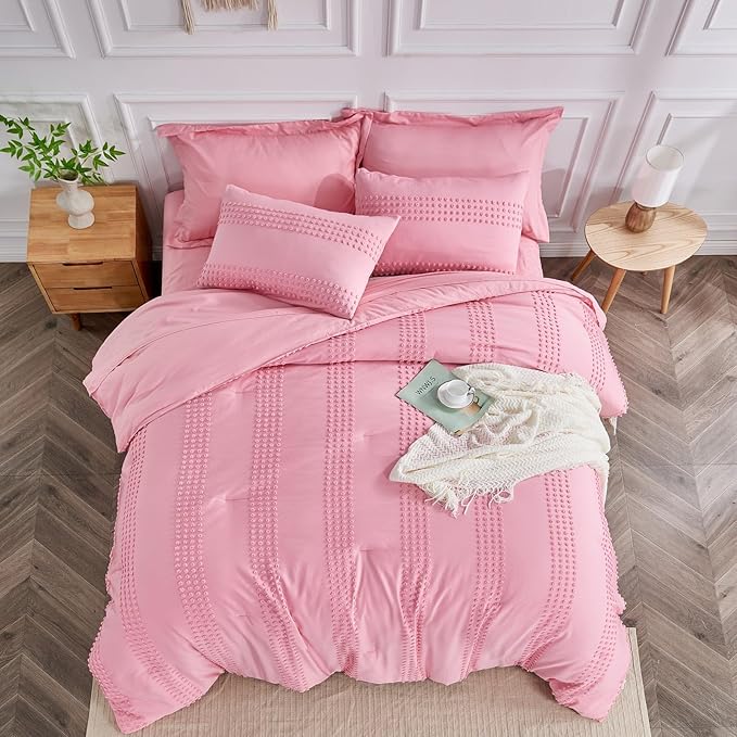 ENJOHOS Girls Twin Bedding Set Pink Twin XL Comforter, 3 PCS Boho Comforter with Tufted Dots, Shabby Chic Bedding Comforter for All Season, Lightweight Fluffy Microfiber Comforter with 2 Pillowcases