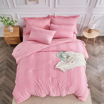 ENJOHOS Girls Twin Bedding Set Pink Twin XL Comforter, 3 PCS Boho Comforter with Tufted Dots, Shabby Chic Bedding Comforter for All Season, Lightweight Fluffy Microfiber Comforter with 2 Pillowcases