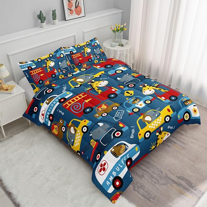 Datura home Kids Cartoon Car Comforter Set for Boys Kids Children,Transportation Car Police Car Kawaii Animals Printed Bedding Set with 1 Comforter and 2 Pillowcases(Cartoon Car Full)