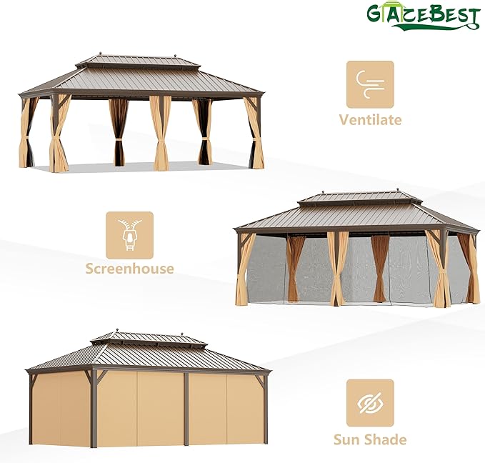 12' X 22' Hardtop Gazebo Outdoor Aluminum Patio Gazebo Double Roof Galvanized Steel Canopy Wooden Finish Coated with Netting and Curtains for Garden, Backyard, Deck and Lawns