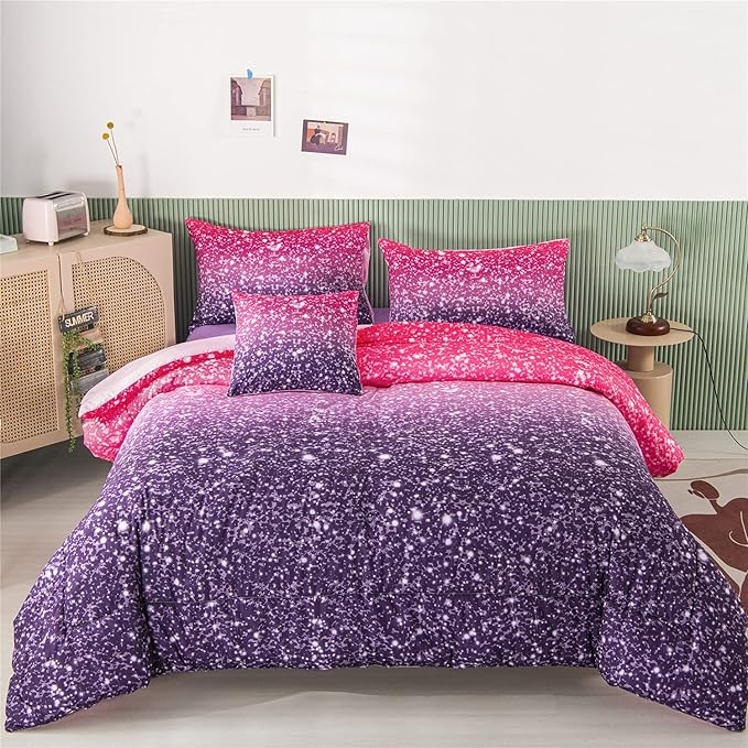 RYNGHIPY 6Pcs Full Gradient Pink Purple Glitter Comforter Sets for Teens Girls Kids, Colorful Rainbow Glitter Themed Bedding Set