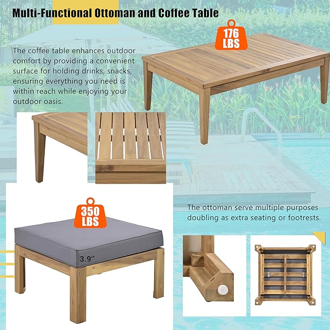 4 Piece Acacia Wood Patio Furniture L-Shaped Outdoor Sectional Sofa Coffee Table, FSC Certified Conversation Set w/Beige Cushions for Garden Backyard