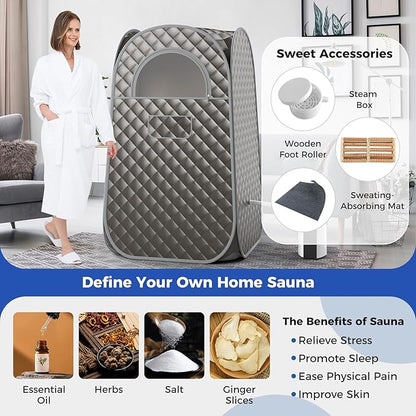 Giantex Portable Sauna, Full Body Steam Sauna w/ 3L Steam Box, Remote Control, Wood Foot Roller & Foldable Chair, Pop-Up Sauna Box for Single Person, Lightweight Personal Sauna Tent for Home (Gray)