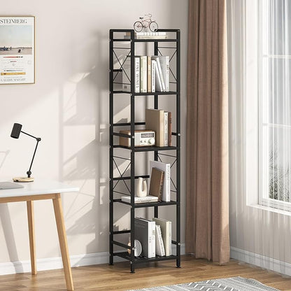 JSB 5 Tier Metal Bookshelf Bathroom Storage Standing Shelf Unit Kitchen Storage Organizer Display Rack Bookcases Shelves for Living Room, Bedroom, Office (Black, 5 Tier)