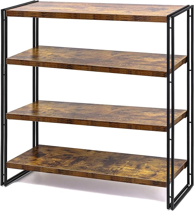 Bookshelf,4-Tier Industrial Bookcase,Rustic Wood and Metal Open Display Book Shelves Home Office,Bedroom Standing Shelf Unit,Horizontal Kitchen Shelf Organizer,Bathroom Storage Rack Mid Century 47in