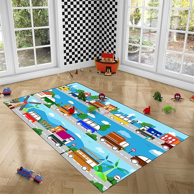 Car Carpet for Kids Kids Rugs for Playroom Car Track Rug Road Rug for Kids Car Play Rug Road Carpet for Toy Cars Car Track Rugs for Boys Car Rug for Boys Room 5'×7'