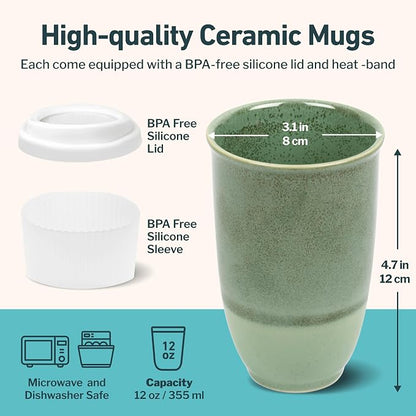 NOVA CERAMICS Travel Mug – Travel Coffee Tumbler – On the Go Coffee Mug – Microwave & Dishwasher Safe Green CoffeeTumbler - Gifts for Women Men Him Her – 12oz – Emerald
