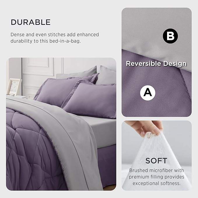 Bedsure Grayish Purple Twin XL Comforter Set - 5 Pieces Reversible Twin XL Bed in a Bag, Twin XL Bed Set Grayish Purple and Grey with Comforters, Sheets, Pillowcase & Sham