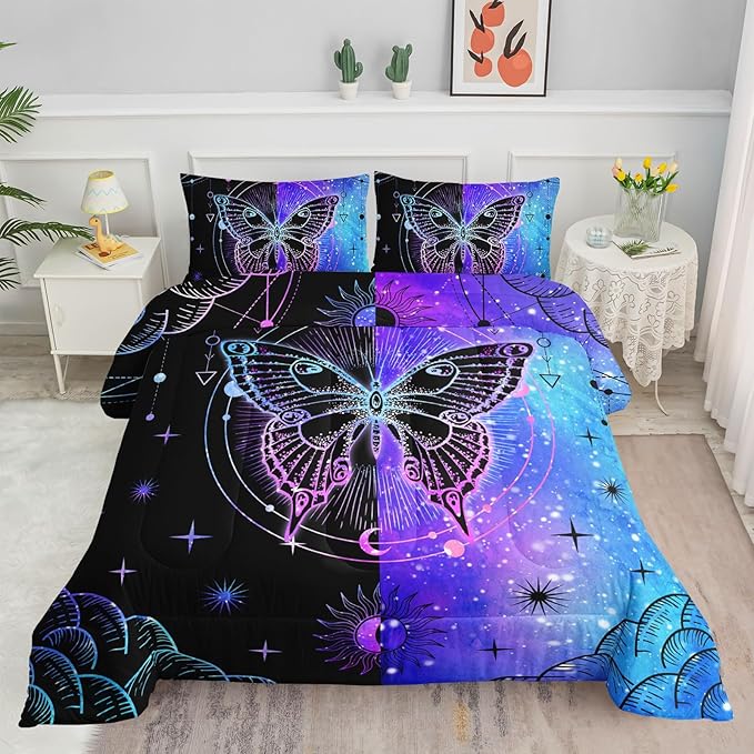 Datura home Black Blue Butterfly Comforter Set for Girls Women,Boho Butterfly Sun and Moon Mandala Printed Bedding Set with 2 Pillowcases(Black Blue Twin)