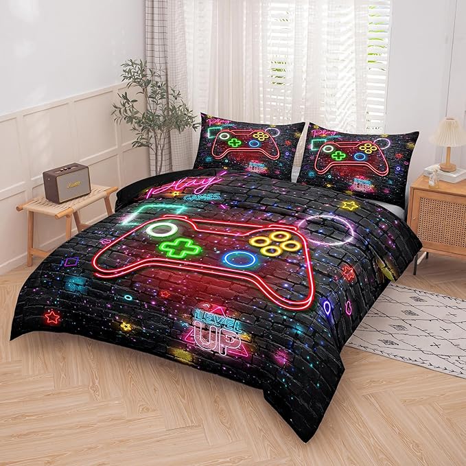 Gamer Comforter Sets for Boys, Full Size Comforter Set for Boys, Boys Bedding Set Full, 5 pcs Bed in A Bag, Gamer Bedding Set with Pillowcase, Flat & Fitted Sheet
