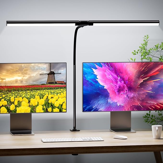 Quntis Double Head LED Tall Desk Lamp for Home Office, 31.5-inch Foldable Computer Desk Light with Clamp, Dimmable Dual Monitor Light Bar for Curved Screen Architect Drafting Design - 32 Modes