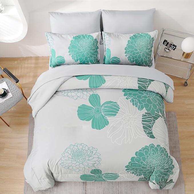 Yiran Grey Aqua Floral King Comforter Set Bed in a Bag Soft Microfiber Comforter Bedding Set 103"×90",7 Pieces (1 Comforter,2 Pillowcases,2 Pillow Shams,1 Flat Sheet,1 Fitted Sheet)