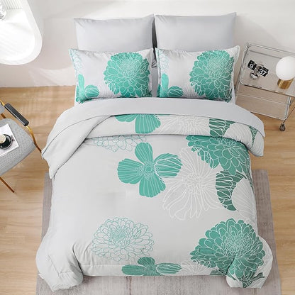Yiran Grey Aqua Floral King Comforter Set Bed in a Bag Soft Microfiber Comforter Bedding Set 103"×90",7 Pieces (1 Comforter,2 Pillowcases,2 Pillow Shams,1 Flat Sheet,1 Fitted Sheet)