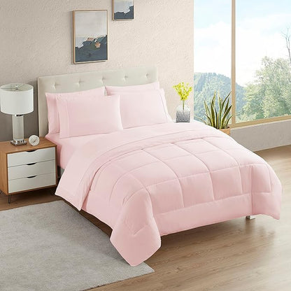 Dorm Room Essentials College Bedding Comforter Set 5 Piece Twin XL Size Bed in a Bag for College Students Boys and Girls, Twin XL, Pale Pink