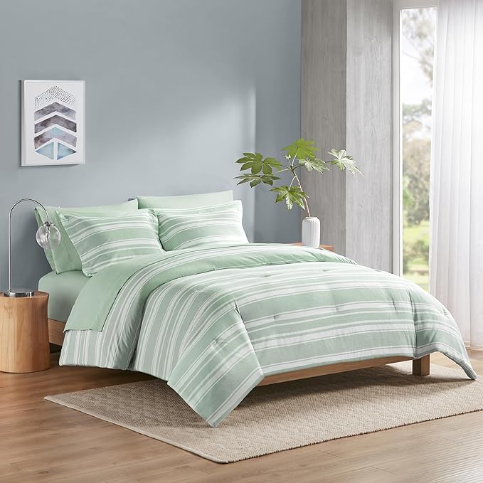 Codi Bed in a Bag Twin Size Complete Set, Sage Green White Striped Single Comforter Set 5 Piece for Teen, Modern Neutral Cationic Dyeing Bed Sets with Comforter, Sheets, Pillowcases & Shams