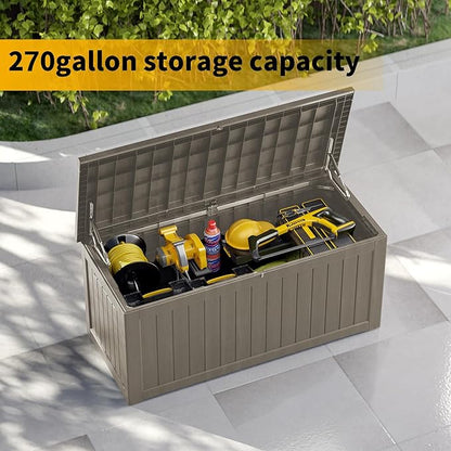 270GAL Extra - Large Brown Outdoor Deck Box with Lock Hole - Waterproof, SGS - Tested UV Resistance, Massive Storage for Lawn Mowers, Camping Gear, and More, Effortless Setup