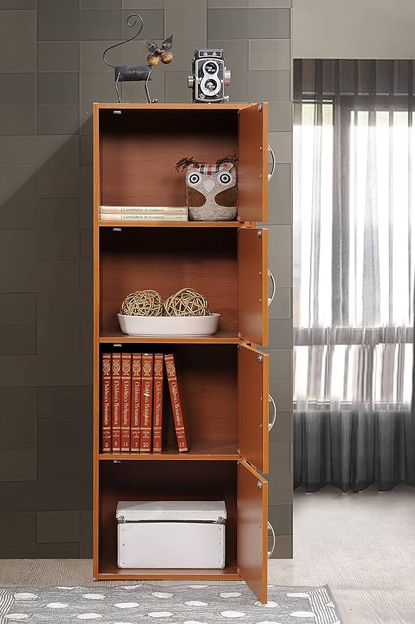 HODEDAH IMPORT 4-Shelf Bookcase Cabinet, Cherry