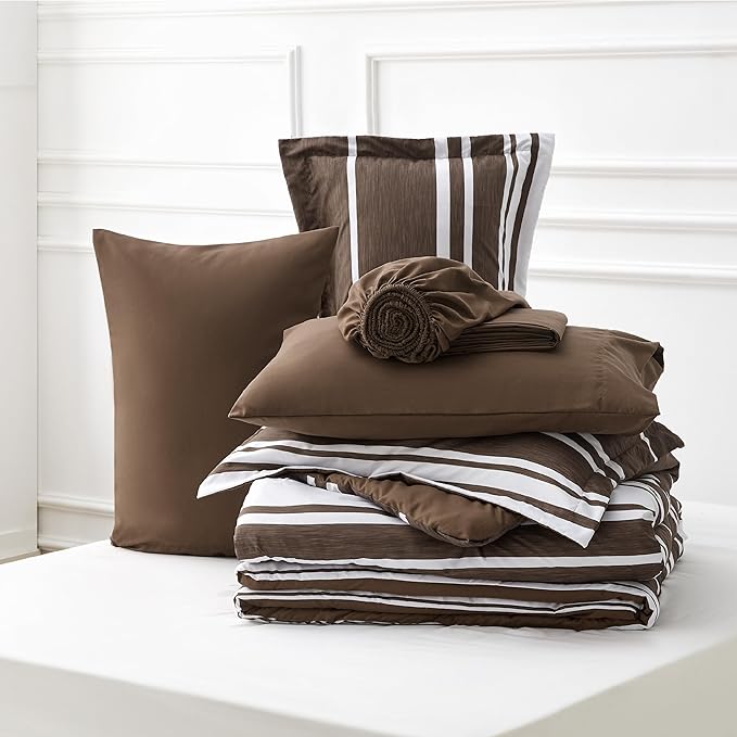 Bedsure Queen Comforter Set 7-Piece Brown White Striped Bed in a Bag All Season Reversible Bed Set, 2 Pillow Shams, Flat Sheet, Fitted Sheet and 2 Pillowcases