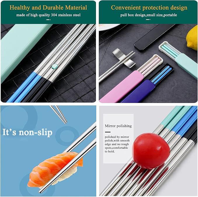 Metal Chopsticks With Case, 3 Pairs, Light Blue Green Pink | Reusable, Dishwasher Safe, Square Lightweight Non-Slip, Portable For Travel Camping Bento Box