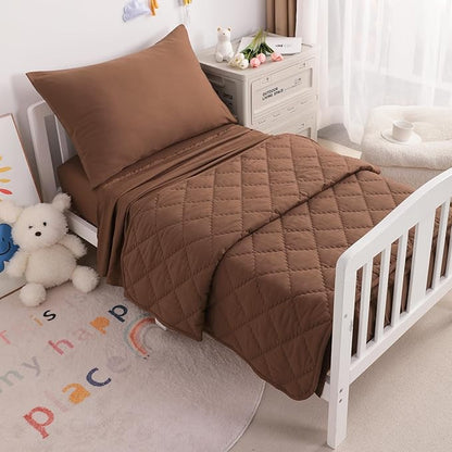 NTBAY Toddler Bedding Set - 4 Piece Soft and Breathable Crib Bedding Set for Boys and Girls, Includes Quilted Comforter, Fitted Sheet, Flat Top Sheet and Envelope Pillowcase, Brown