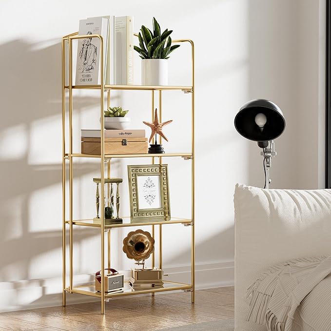 No Assembly Folding Bookshelf, 4 Tier Gold Bookshelf, Metal Book Shelf for Storage, Folding Bookcase for Office Organization and Storage, 12.6" D x 22.44" W x 55.51" H