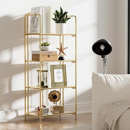 No Assembly Folding Bookshelf, 4 Tier Gold Bookshelf, Metal Book Shelf for Storage, Folding Bookcase for Office Organization and Storage, 12.6" D x 22.44" W x 55.51" H