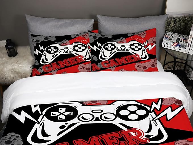 Sunnycitron Gamer Bedding Set for Boys Gamer Comforter sets Queen Gaming Bedding Kid's Comforter Set Boys Teen Gamepad Gaming Comforter,1 Comforter 2 Pillowcases