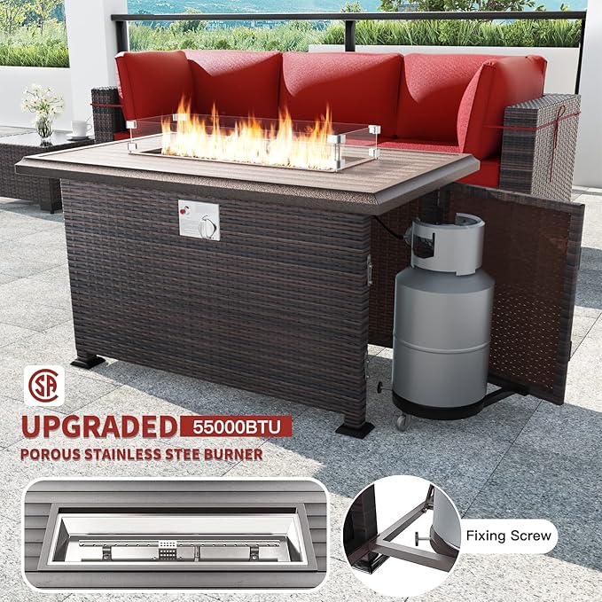 Kullavik 13 Pieces Outdoor Patio Furniture Set with 43" 55000BTU Gas Propane Fire Pit Table PE Wicker Rattan Sectional Sofa Patio Conversation Sets,Red
