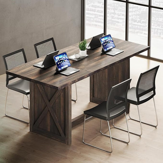YITAHOME 6FT Conference Table Executive Desk, 70.8’’ Large Meeting Seminar Table for Office with Thicken Wood Frame, Farmhouse Rectangular Computer Desk for Home Business, Rustic Oak