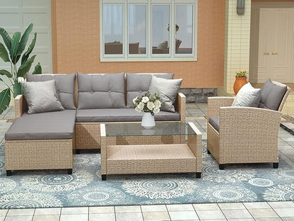 4 Piece Outdoor Patio Furniture Set, Sectional Conversation All-Weather Grey PE Wicker w/Seat Cushions for Backyard Porch Garden Poolside Balcony, Onesize, Oc-Gray