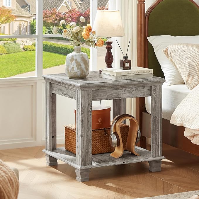 Farmhouse End Table Set of 2,Large Side Table with 2-Tier Storage Shelf,Rustic Wood End Tables for Living Room,Square Tea Table,Gray