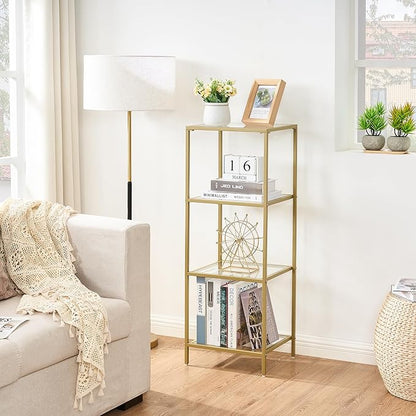 4-Tier Bookshelf,Metal Bookcase,Tempered Glass Shelves,Storage Rack Shelf for Home Office,Living Room,Bedroom, Bathroom,Modern Style,Golden