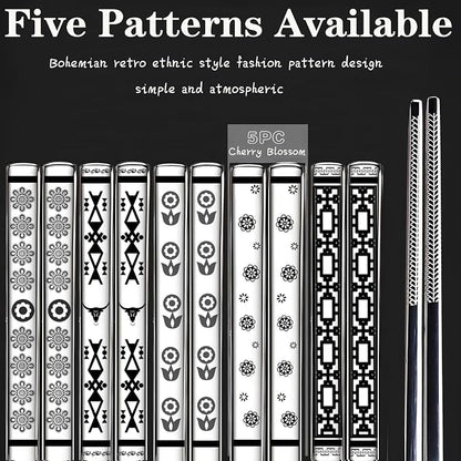 Metal Chopsticks Reusable,18/8 Stainless Steel,Silver,5PC Cherry Blossom | Gift Box Set,Square,Lightweight, Non-Slip,Laser Engraved Patterns No fade