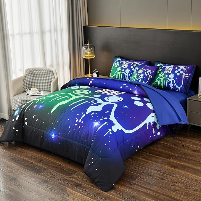 Gamer Console Blue Comforter Set with Sheets for Boys,Full Size Glitter Gaming Bedding Set for Kids,6 Pieces Colorful Graffiti Green Dark Game Controller Bed in a Bag for Teens (Green&Blue, Full)
