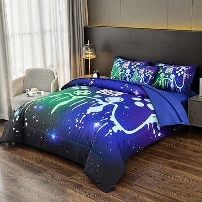 Gamer Console Blue Comforter Set with Sheets for Boys,Full Size Glitter Gaming Bedding Set for Kids,6 Pieces Colorful Graffiti Green Dark Game Controller Bed in a Bag for Teens (Green&Blue, Full)
