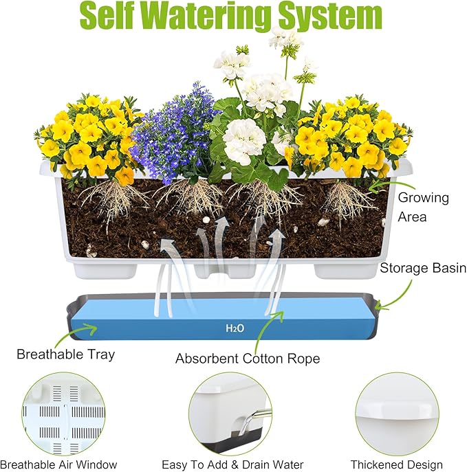 Window Box Planter 6 Pcs, 18 Inches Rectangle Flower Pots with Drainage Holes and Trays, Vegetable Planters for Windowsill Patio Garden Balcony Home Porch Yard Indoor Outdoor (White, 18*10*6 inch)