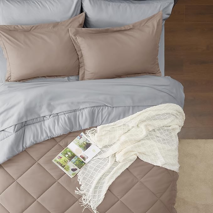 Bedsure Taupe Queen Comforter Set - 7 Pieces Reversible Queen Bed in a Bag Queen Bed Set with Comforters, Sheets, Pillowcases & Shams, Queen Bedding Sets