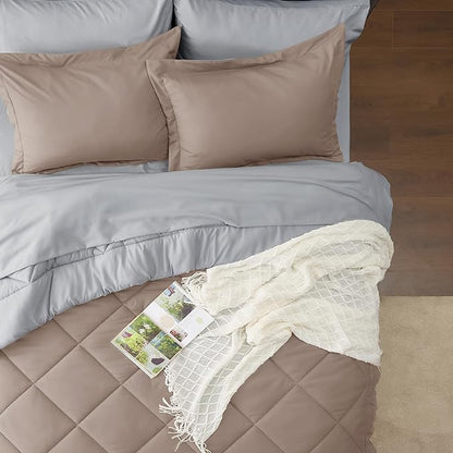 Bedsure Taupe Queen Comforter Set - 7 Pieces Reversible Queen Bed in a Bag Queen Bed Set with Comforters, Sheets, Pillowcases & Shams, Queen Bedding Sets
