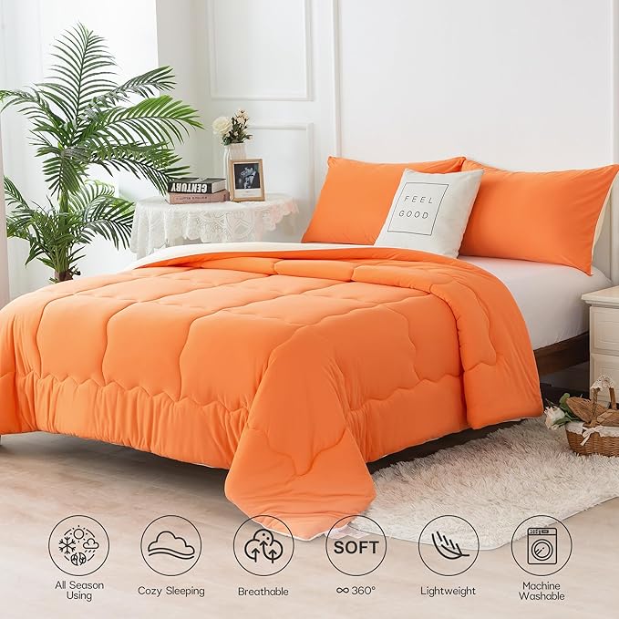 COTTEBED Reversible Softness Bright Orange and Beige King Size Comforter Set Clearance, Jersey Knit T-Shirt Feel California King Cozy Bedding Down Blanket Quilt & Pillowsham for Women Men All Season
