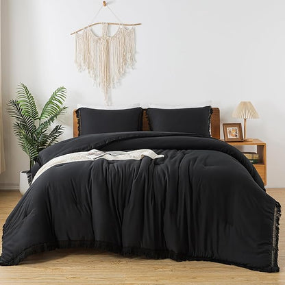 Andency Black Comforter Set Twin Size, 2 Pieces Boho Tassel Lightweight Bedding Comforter Sets, All Season Soft Fluffy Fringe Bed Set (66x90In Comforter & 1 Pillowcase)