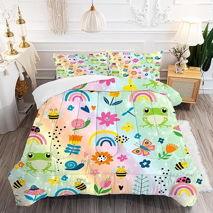 Rainbow Comforter Sets Twin Size Cartoon Floral Frogs Bedding Set for Girls Kids Children Boys Butterfly Flowers Bees Insects Cute Kawaii Quilt 1 Comforter + 1 Pillow Case
