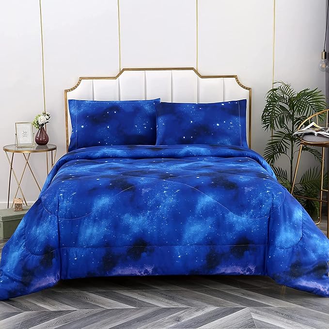 3PCS Blue Galaxy Comforter Set Full, Full Size Bed in a Bag Summer Comforter, Lightweight and Fade Resistant, Cute Full Size Quilt for Boys Girls Toddler Kids and Teens, Full