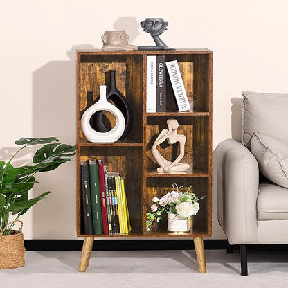 LEYAOYAO 5 Cube Small Bookshelf,3 Tier Mid-Century Bookcase with Legs,Wood Bookshelves Storage Organizer Shelf,Narrow Book Shelves,Brown Bookcases