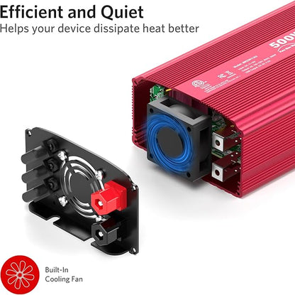 500W Pure Sine Wave Power Inverter, DC 12V to 110V AC Car Plug Inverter Adapter with 4.2A Dual USB Charging Ports and 2 AC Outlets Car Charger (Red)