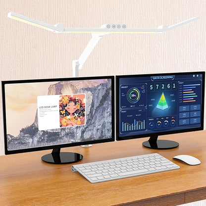 Micomlan Led Desk Lamp for Home Office, White Architect Desk Lamp with Clamp for Crafting, 24W Bright Rotatable Led Desk Light Stepless Dimming Tempering Wide Table Light with Atmosphere Lighting