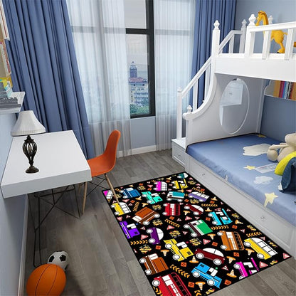 Car Rug Play Mat Kids Rugs for Playroom Car Rug for Boys Room Kids Mat Construction Play Mat Car Play Rug Car Carpet for Kids Carpet for Bedroom Truck Rugs for Boys Room,Black 5'×7'
