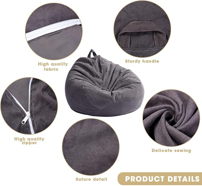 2 Pcs Bean Bag Cover Stuffed Animal Storage Bean Bag Chair Cover Soft Corduroy Stuffed Animal Bean Bag Storage for Kids Adults Indoor Bedroom Organizing Plush Toys(Dark Grey, 150L)
