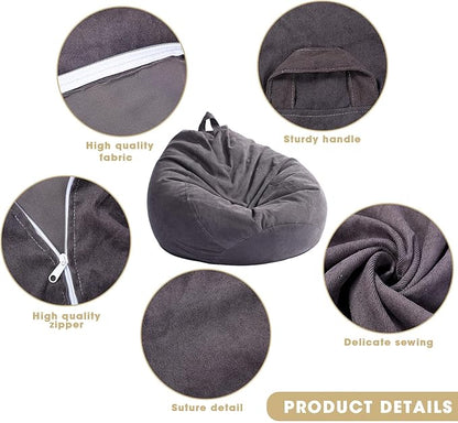 2 Pcs Bean Bag Cover Stuffed Animal Storage Bean Bag Chair Cover Soft Corduroy Stuffed Animal Bean Bag Storage for Kids Adults Indoor Bedroom Organizing Plush Toys(Dark Grey, 150L)